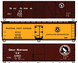 Accurail 8110 HO 2 40' Wood Boxcars and 40' Wood Reefer Set Kit Great Northern 31172 24683 Boxcar Red Rocky Logo WFEX GN