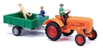 Busch 50052 HO 1955 Allgaier A 111 L Farm Tractor w/Trainer and 3 Figures Assembled Orange Red w/Green Trailer