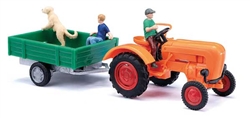 Busch 50052 HO 1955 Allgaier A 111 L Farm Tractor w/Trainer and 3 Figures Assembled Orange Red w/Green Trailer