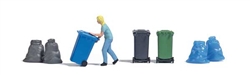 Busch 7874 HO Woman Taking Out Trash Bin Action Set Figure 3 Bins 4 Garbage Bags