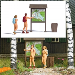 Busch 7947 HO Nude HIking Action Set Naked Man and Woman with Bakcpacks Signboard Trash Can