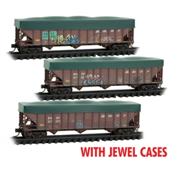 Micro-Trains 983 02 252 N 100-Ton 3-Bay Ribside Open Hopper w/Tarp 3-Pack BNSF Railway Weathered