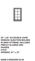 Tichy 2049 O Double-Hung Window w/Glazing & Shades 4-Over-4 Pane Scale 20 x 38" Pkg 6